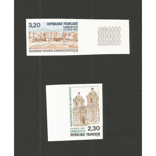 FRANCE 1990  UNESCO - Perou et Yemen  Yvert Service 102/103 2 Valeurs Non Dentelées bords de feuilles